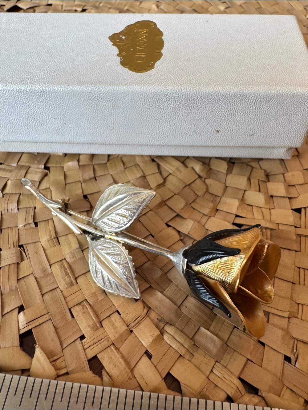 Vintage Giovanni Signed Rose Bud Pin Brooch Original Box Silver Tone Black Gold